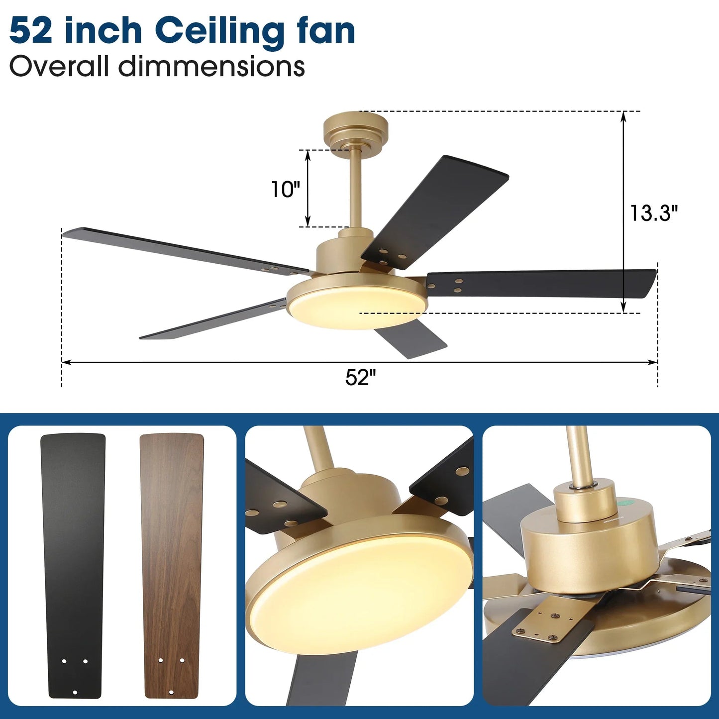 Vaczon 52 Inch Double-sided Blades Modern Ceiling Fan with Remote Control and LED Light