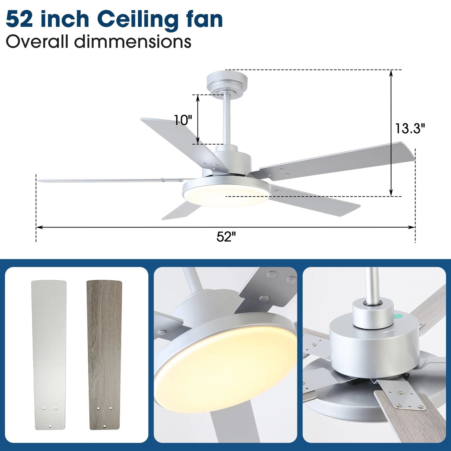 Vaczon 52 Inch Double-sided Blades Modern Ceiling Fan with Remote Control and LED Light