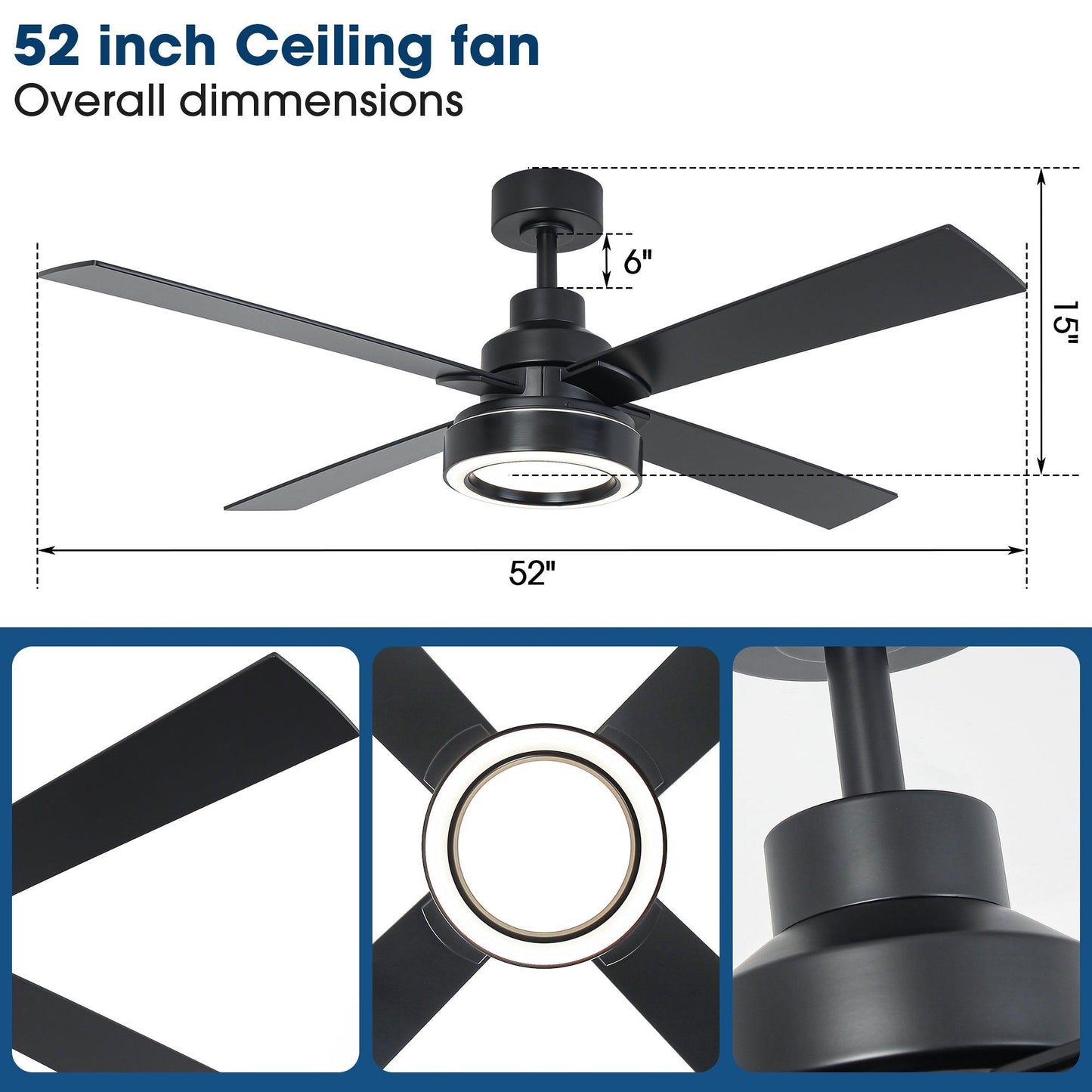 Vaczon 52 Inch 4 Blades DC Motor Modern Downrod Ceiling Fan with LED Light and Remote Control