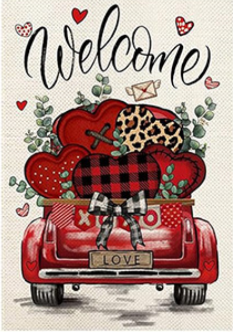 Welcome Garden Flags Truck Series of 12 showcasing a truck filled with heart-shaped decorations.