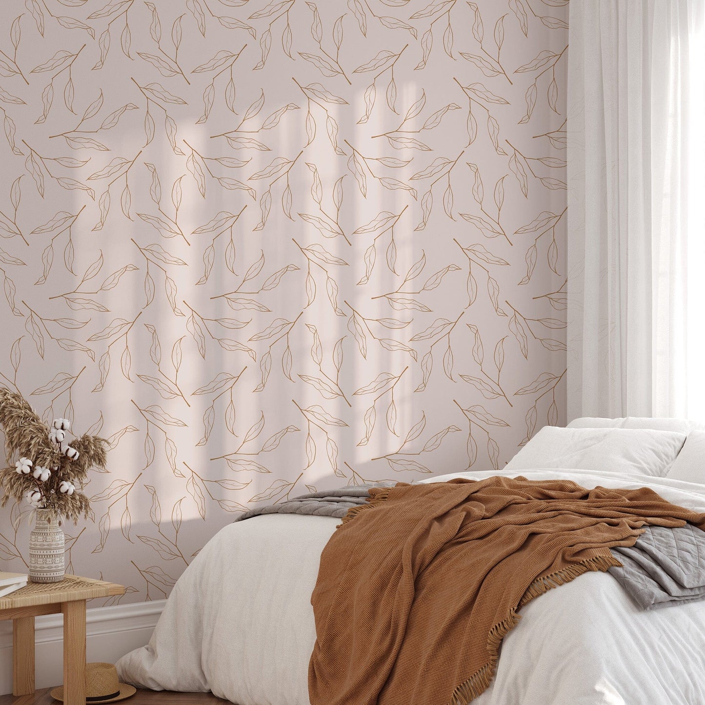 Pink Background Botanical Leaves Wallpaper Removable Wallpaper
