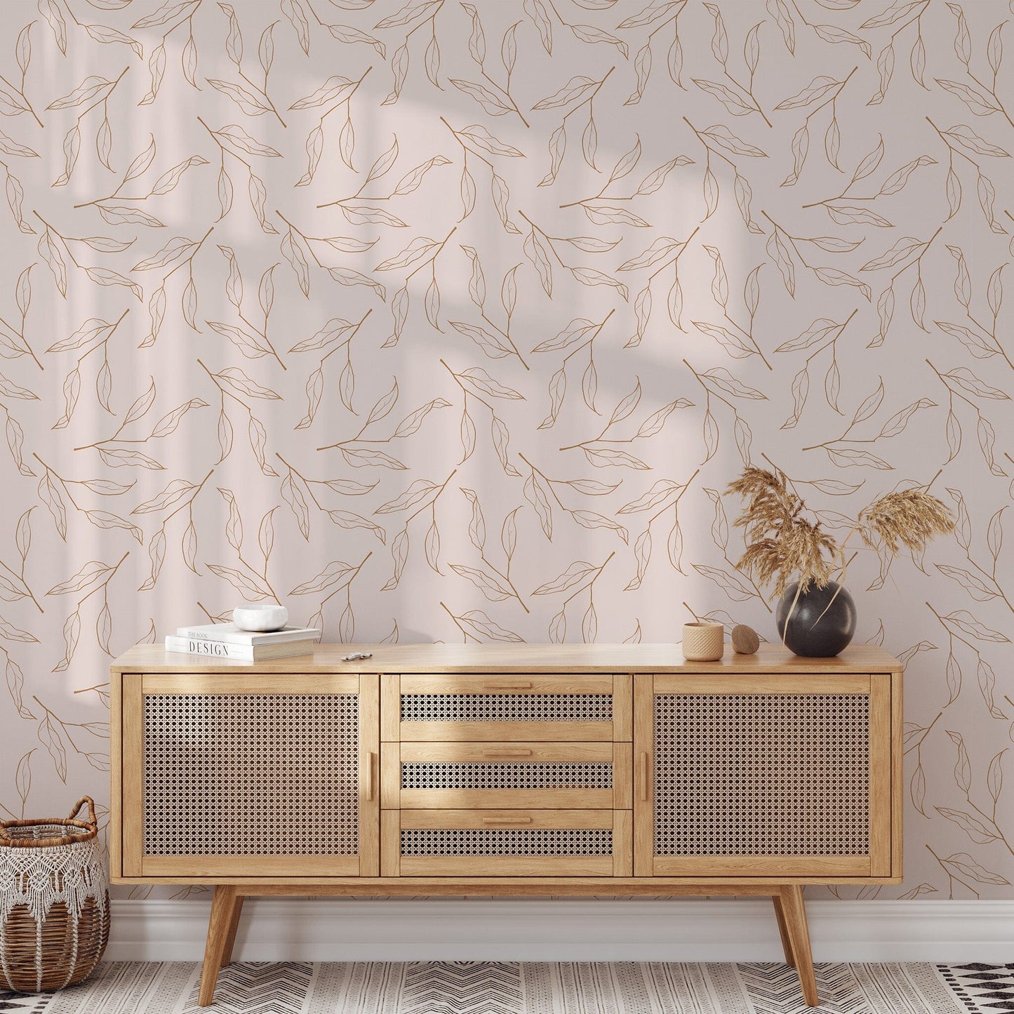 Pink Background Botanical Leaves Wallpaper Removable Wallpaper