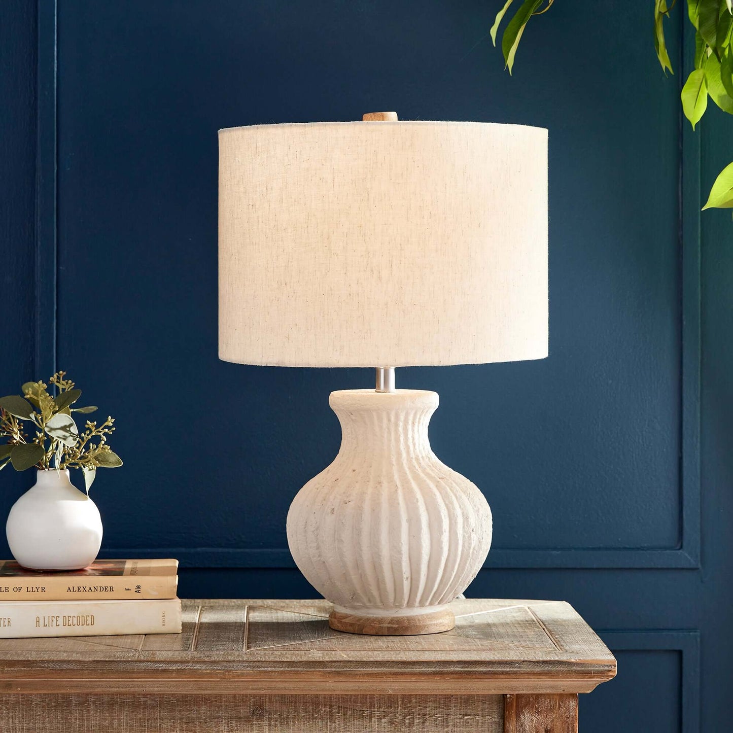 Vintage-Style Cream Ribbed Table Lamp with Linen Shade