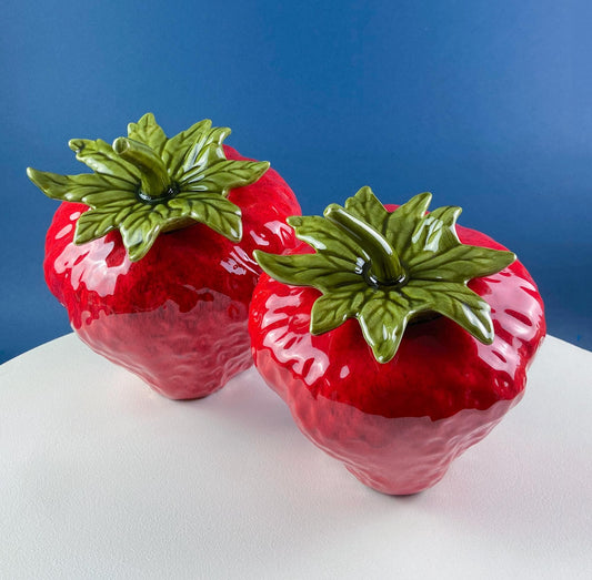 Vintage 1975 Strawberry Cookie Storage Jars. Set of 2 Collectible Canisters. Red Kitchen Craft Kids Room Decor. Gift for Mom, Dad, Friend.