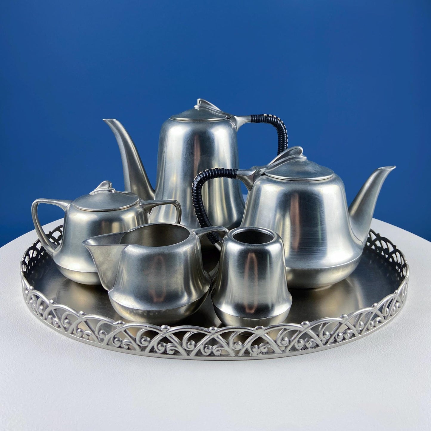 Vintage 6 Piece Pewter Coffee & Tea Serving Set with Filigree Tray. Metawa, Holland. Mid Century Modern Early Art Deco. Rattan Bamboo Handle