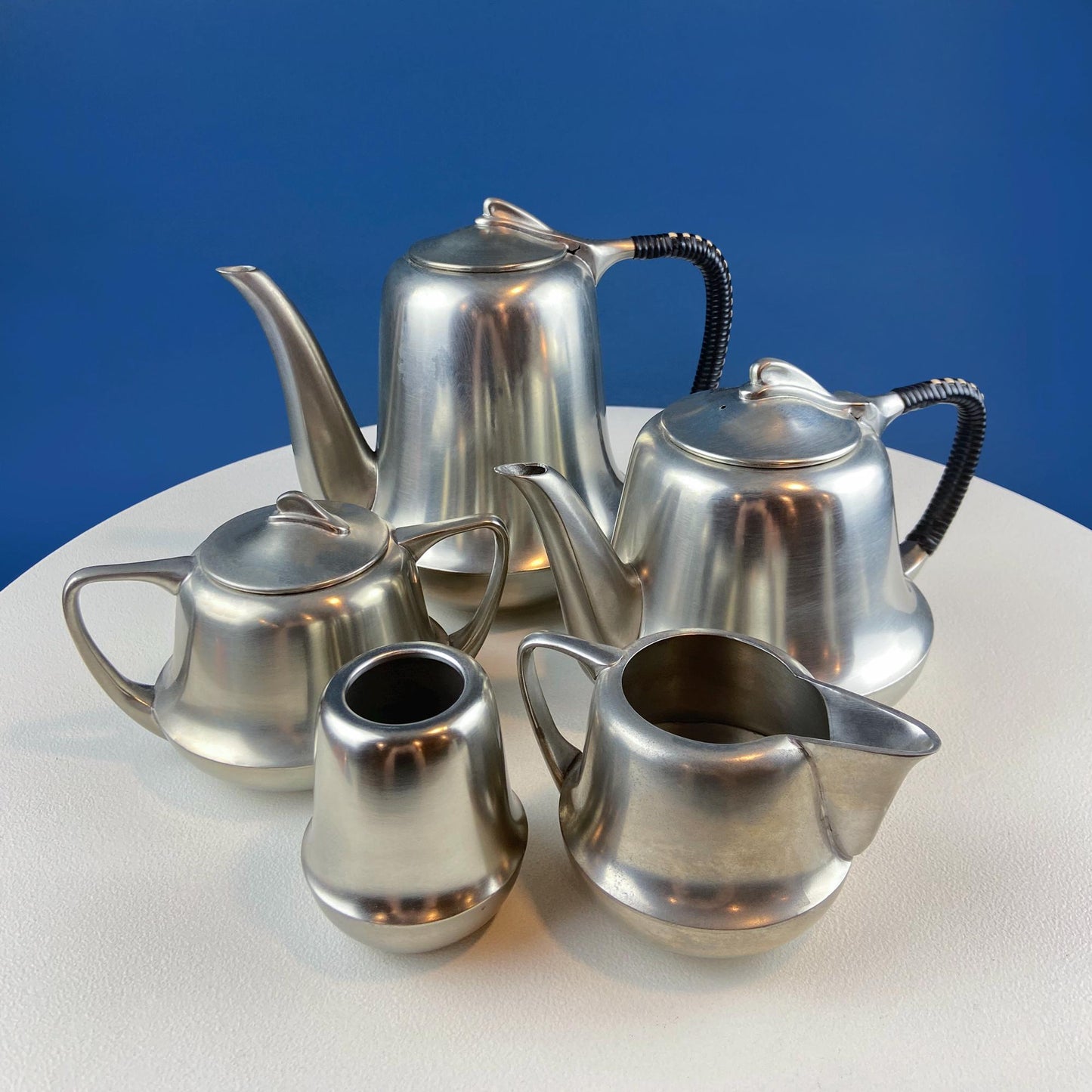 Vintage 6 Piece Pewter Coffee & Tea Serving Set with Filigree Tray. Metawa, Holland. Mid Century Modern Early Art Deco. Rattan Bamboo Handle