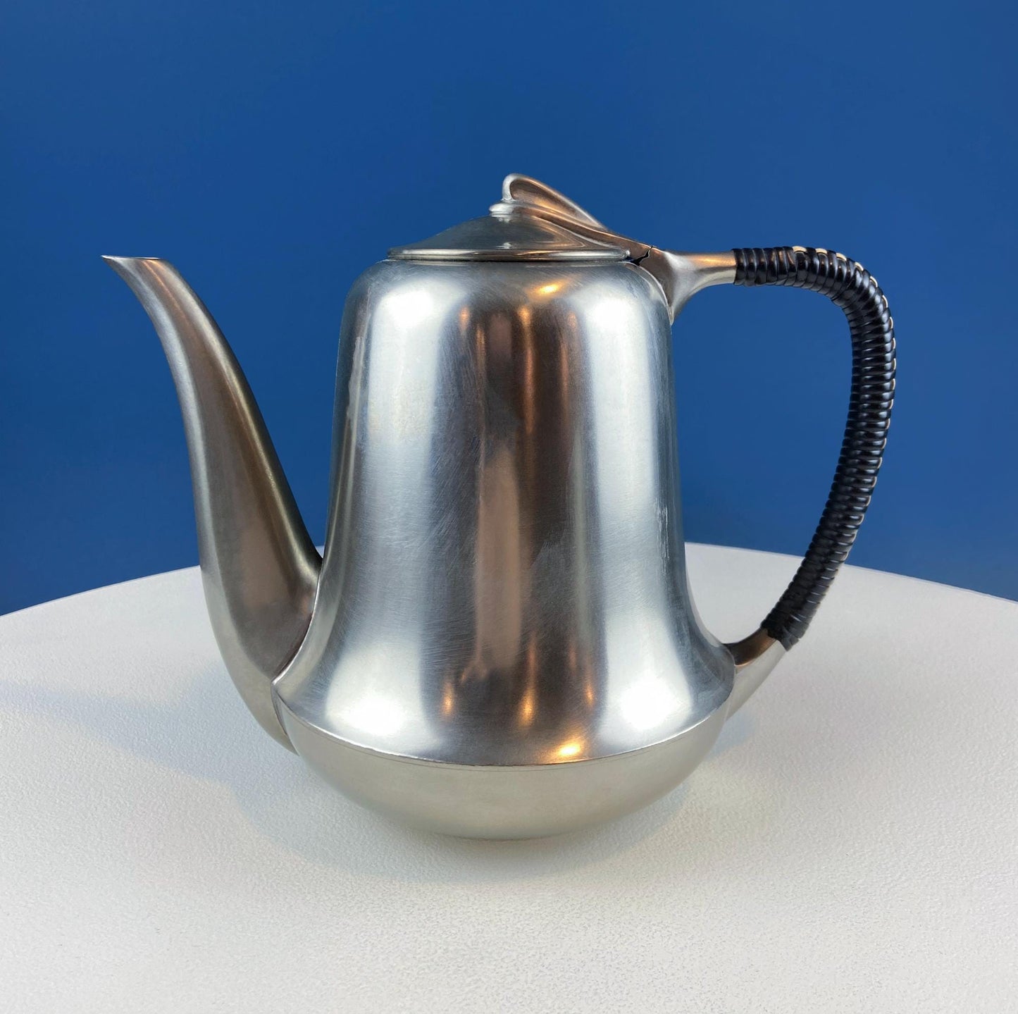 Vintage 6 Piece Pewter Coffee & Tea Serving Set with Filigree Tray. Metawa, Holland. Mid Century Modern Early Art Deco. Rattan Bamboo Handle