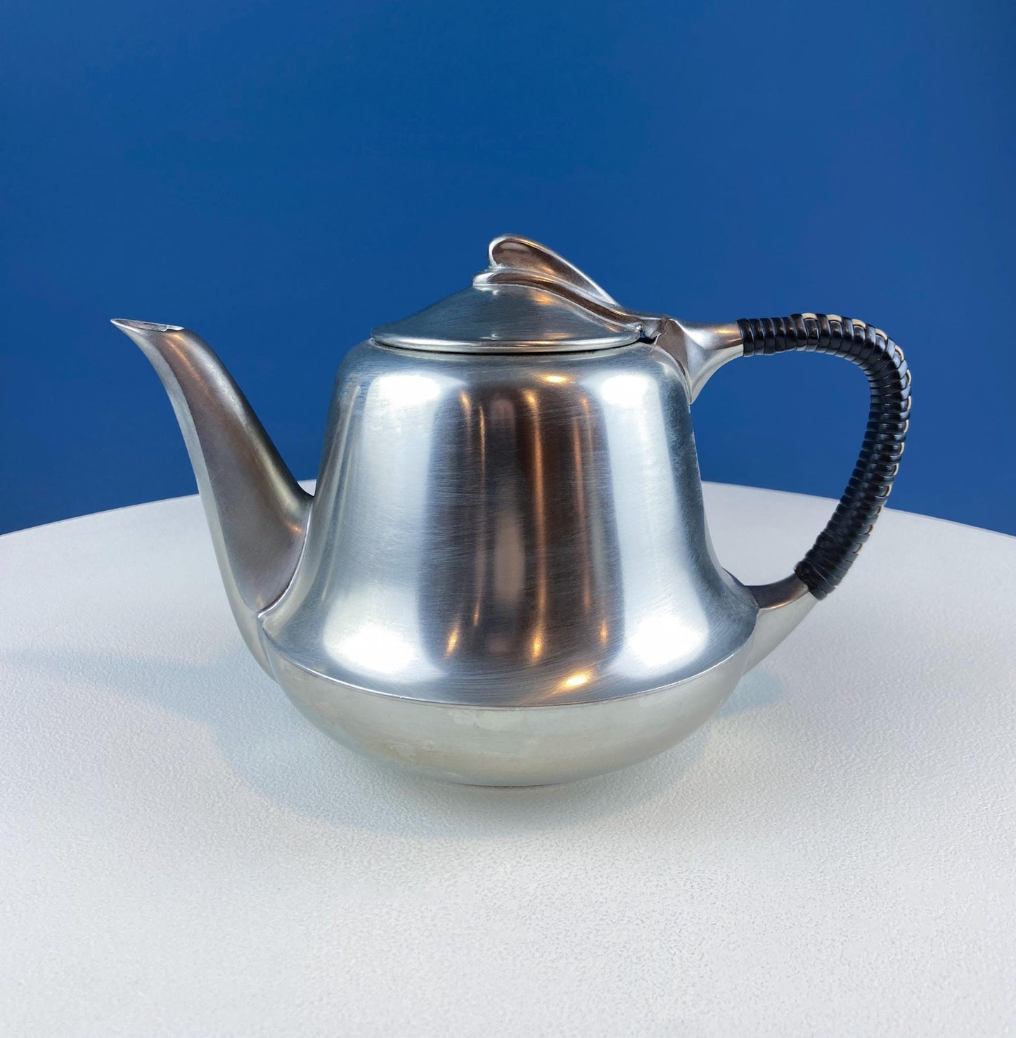 Vintage 6 Piece Pewter Coffee & Tea Serving Set with Filigree Tray. Metawa, Holland. Mid Century Modern Early Art Deco. Rattan Bamboo Handle