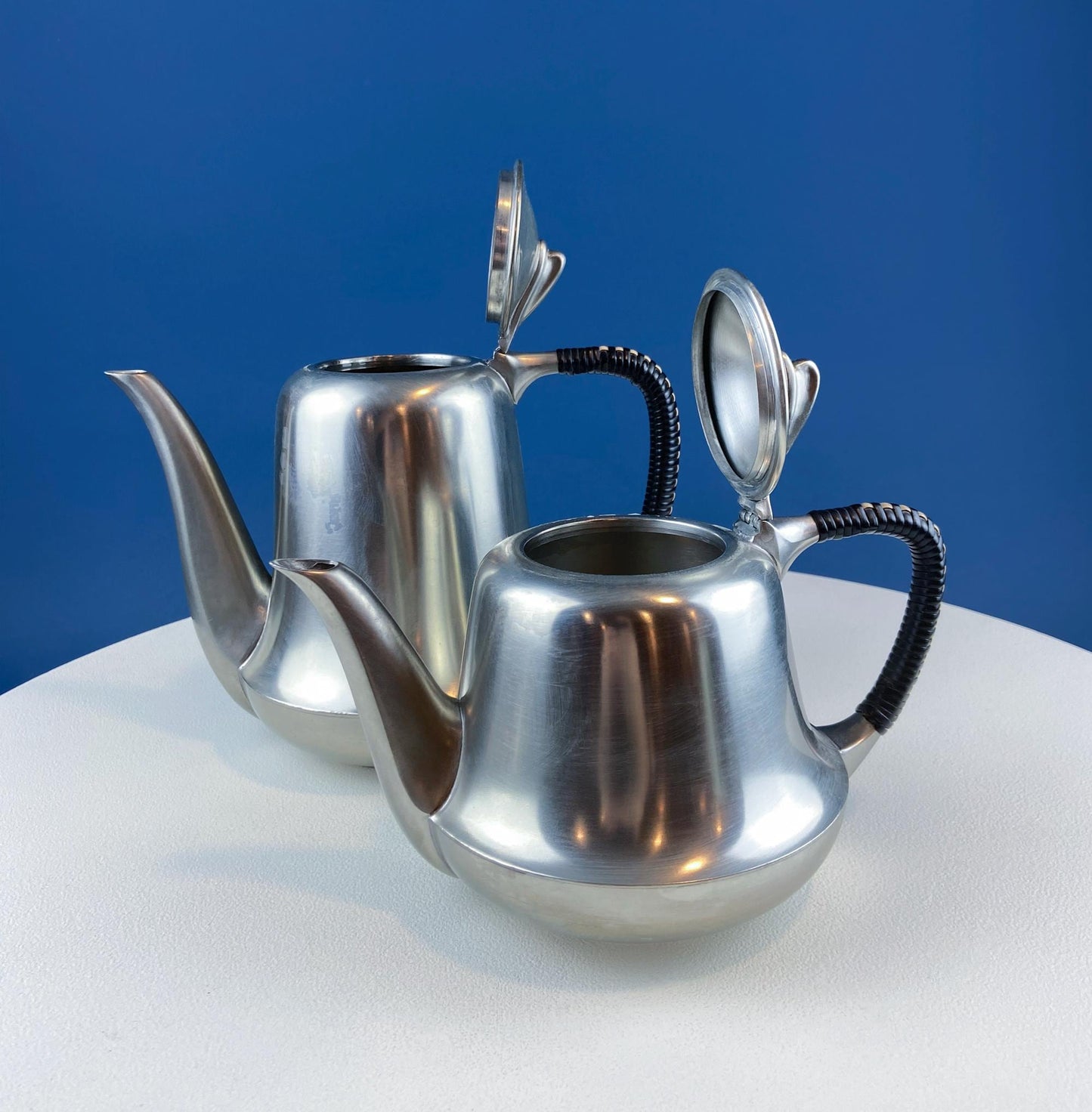 Vintage 6 Piece Pewter Coffee & Tea Serving Set with Filigree Tray. Metawa, Holland. Mid Century Modern Early Art Deco. Rattan Bamboo Handle