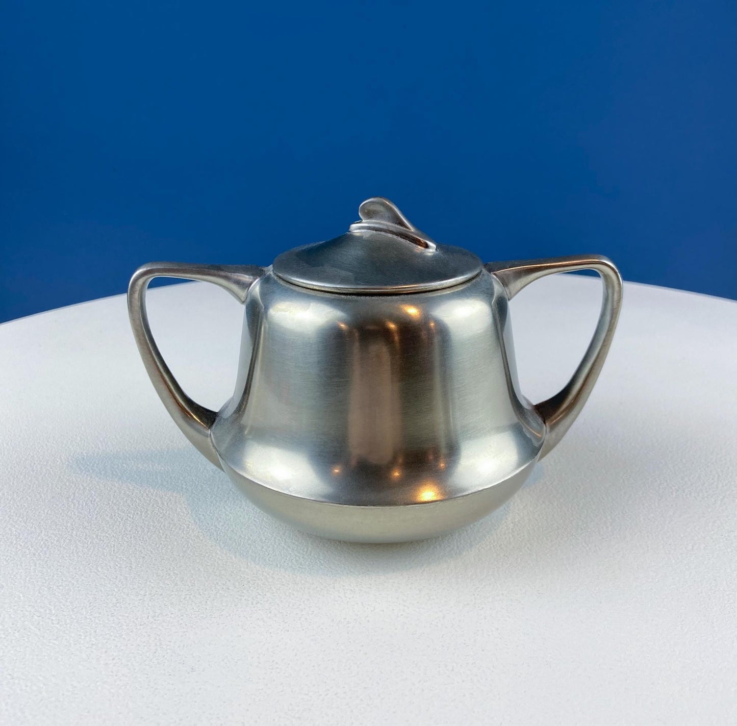 Vintage 6 Piece Pewter Coffee & Tea Serving Set with Filigree Tray. Metawa, Holland. Mid Century Modern Early Art Deco. Rattan Bamboo Handle