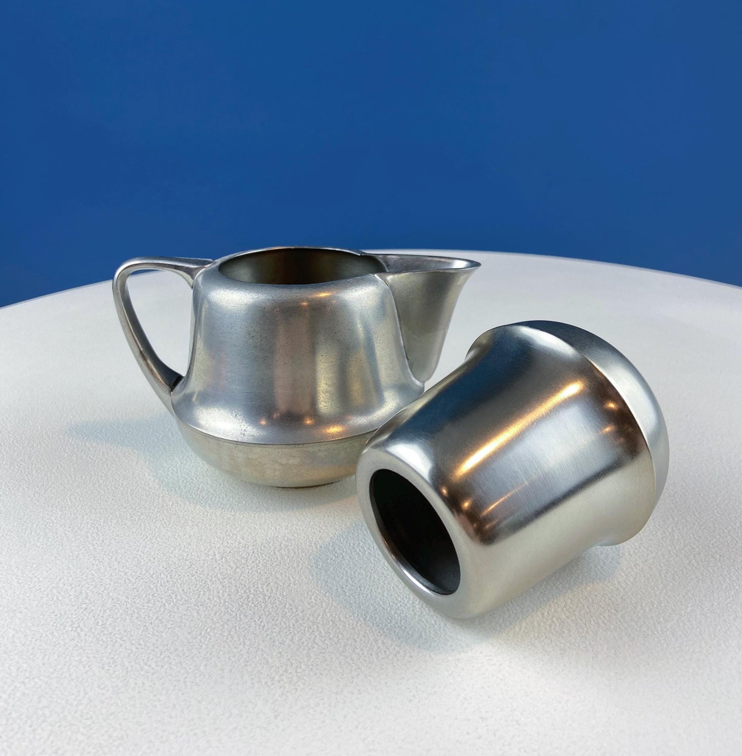 Vintage 6 Piece Pewter Coffee & Tea Serving Set with Filigree Tray. Metawa, Holland. Mid Century Modern Early Art Deco. Rattan Bamboo Handle