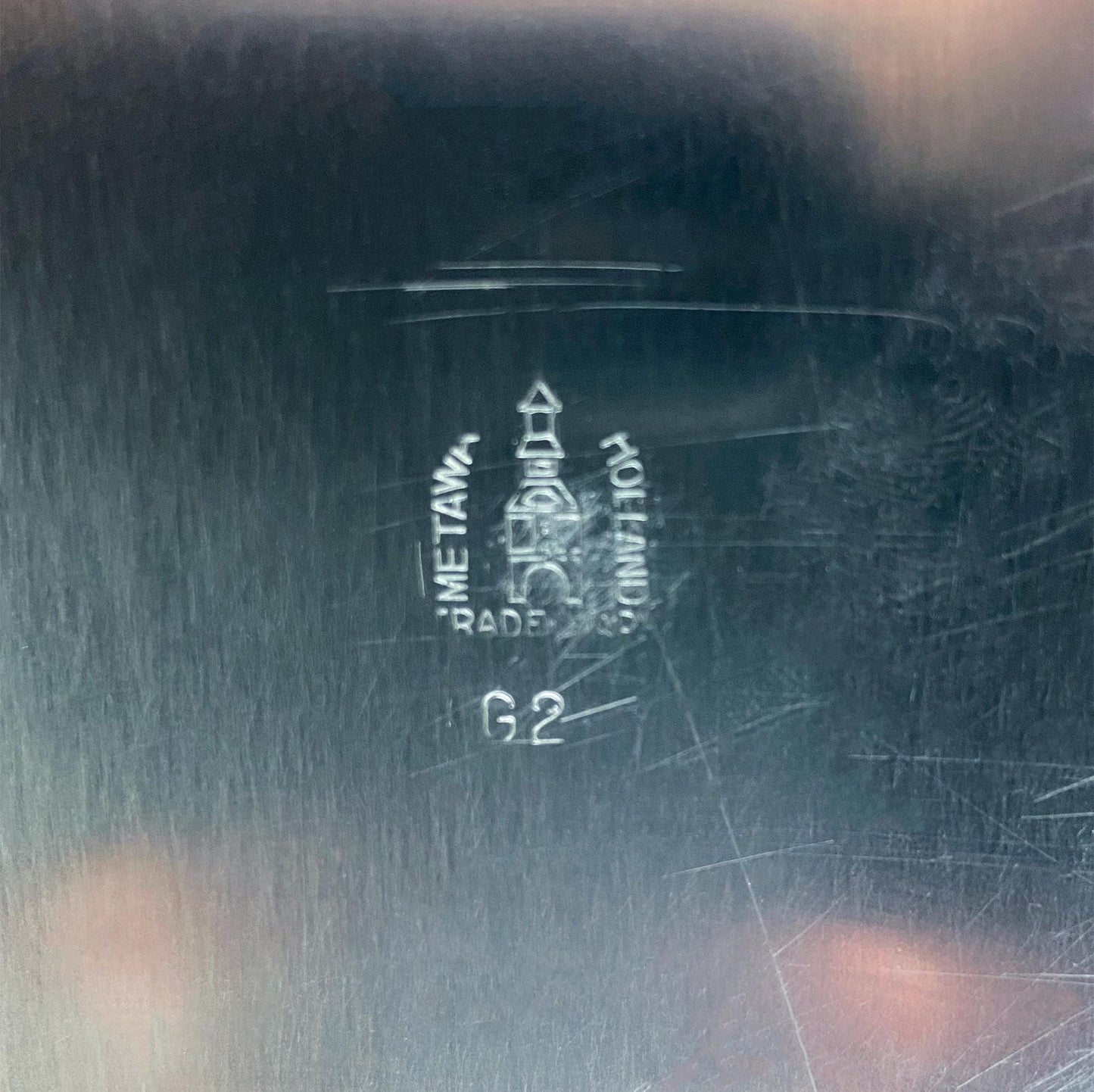 Vintage 6 Piece Pewter Coffee & Tea Serving Set with Filigree Tray. Metawa, Holland. Mid Century Modern Early Art Deco. Rattan Bamboo Handle