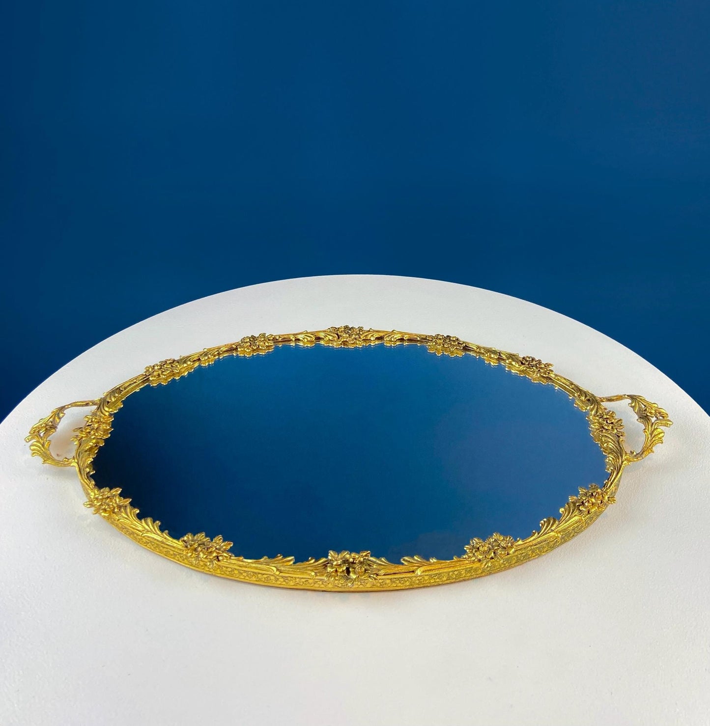 Vintage Gold Dresser Vanity Mirrored Tray. Rich Gilded Metal Tea Rose Oval Frame. Chic Bedroom Bath Perfume Display. Wall Hanging.