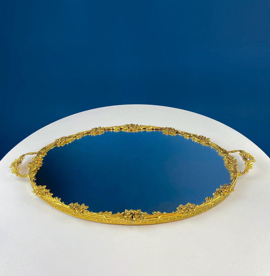 Vintage Gold Dresser Vanity Mirrored Tray. Rich Gilded Metal Tea Rose Oval Frame. Chic Bedroom Bath Perfume Display. Wall Hanging.