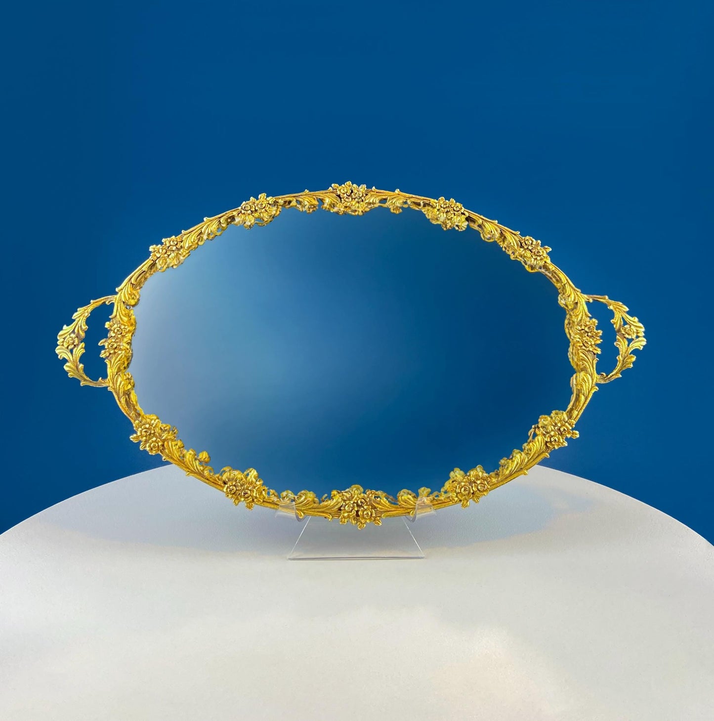 Vintage Gold Dresser Vanity Mirrored Tray. Rich Gilded Metal Tea Rose Oval Frame. Chic Bedroom Bath Perfume Display. Wall Hanging.