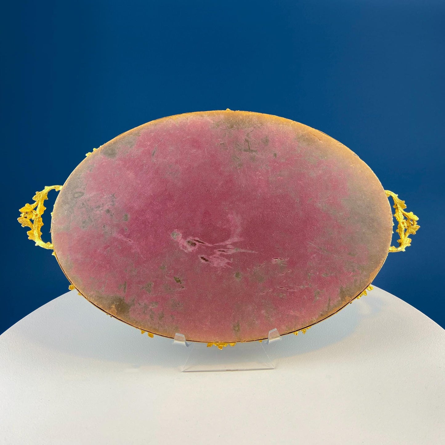 Vintage Gold Dresser Vanity Mirrored Tray. Rich Gilded Metal Tea Rose Oval Frame. Chic Bedroom Bath Perfume Display. Wall Hanging.