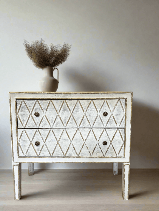 Vintage Dresser with Diamond Pattern in White and Gold