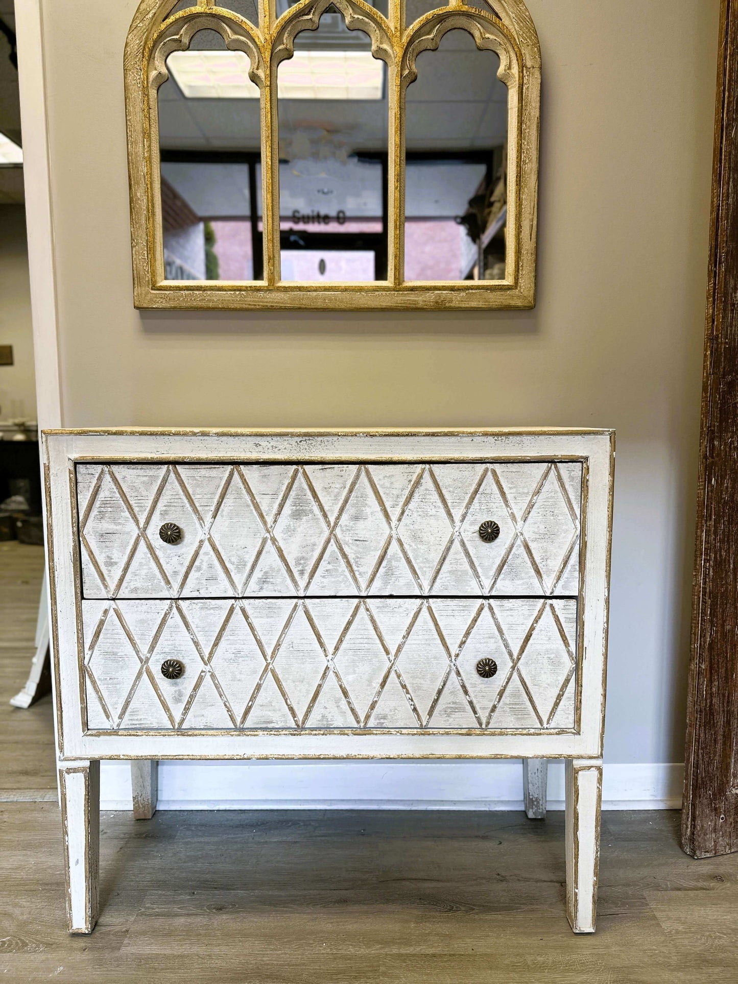 Vintage Dresser with Diamond Pattern in White and Gold