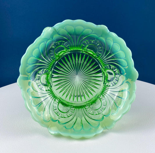 Vintage Fenton Emerald Green Depression Glass Fruit Candy Serving Bowl with Art Deco Motifs. Opaque Scalloped Edge. Dining Room Table Decor.