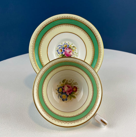 Vintage Green and Yellow Royal Worcester Teacup or Coffee Cup & Saucer. Hand Painted Floral Motif. Gift for Tea Lovers. Dining Table.