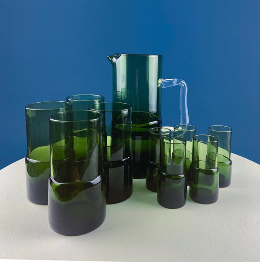 Vintage Hand Blown Double Dipped Modern Dark Green Pitcher with Glasses & 5 Small Juice Tumblers. Dining Room Decor.