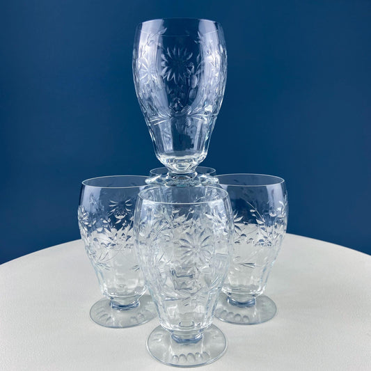 Vintage Iced Tea Juice Water Tumblers with Cut Daisy Garlands Motif. Set of 5 Low Stem Glassware. Dining Room Table Decor. Gift for Him Her.