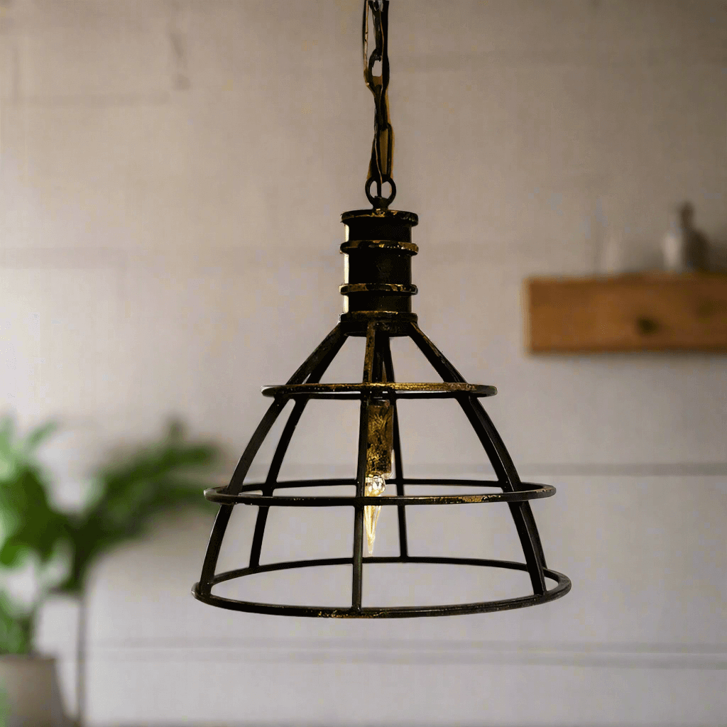 Vintage Industrial Cage Pendant Light in Rustic Metal