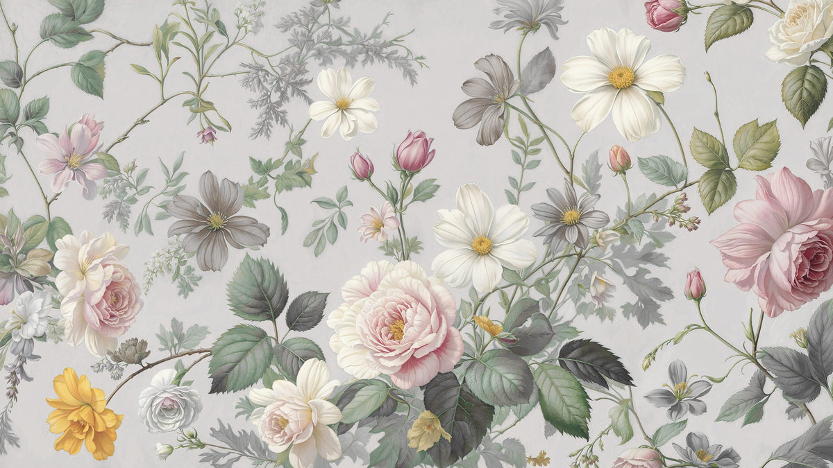 Vintage Pastel Grey & Pink Botanical Floral Wall Mural