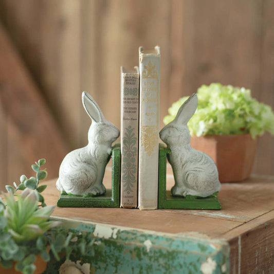 White Vintage Cottagecore Rabbit Bookends in Cast Iron