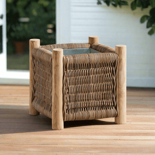 Vintage Rattan Planter with Teak Legs