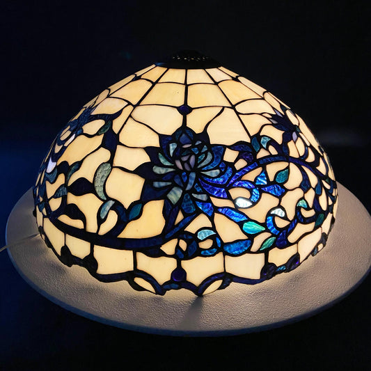 Vintage Tiffany Style Stained Glass Lamp Shade. Unusual Blue & Beige Floral Motif. For Standing, Table or Pendant Lamps. Classic Home Decor.