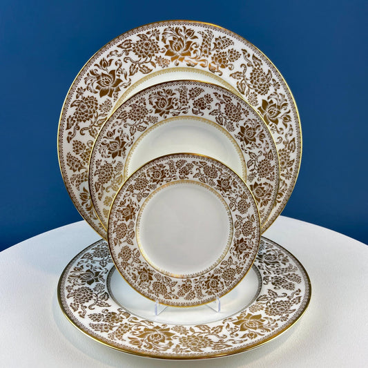 Vintage Wedgewood Gold Damask Plates. Set of 6. 2 Dinner 2 Salad and 2 Dessert.  Dining Room Table Decor. Gift for Him Her.
