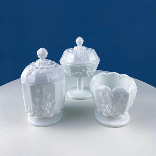 Vintage Westmoreland Milk Glass Serving Storage Dish Set with Vine & Grape Motif. Lidded Candy Dish, Jam Jar. Bath Dining Rm Table Decor.