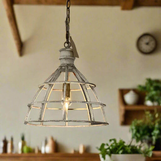 Vintage White Metal Cage Pendant Light