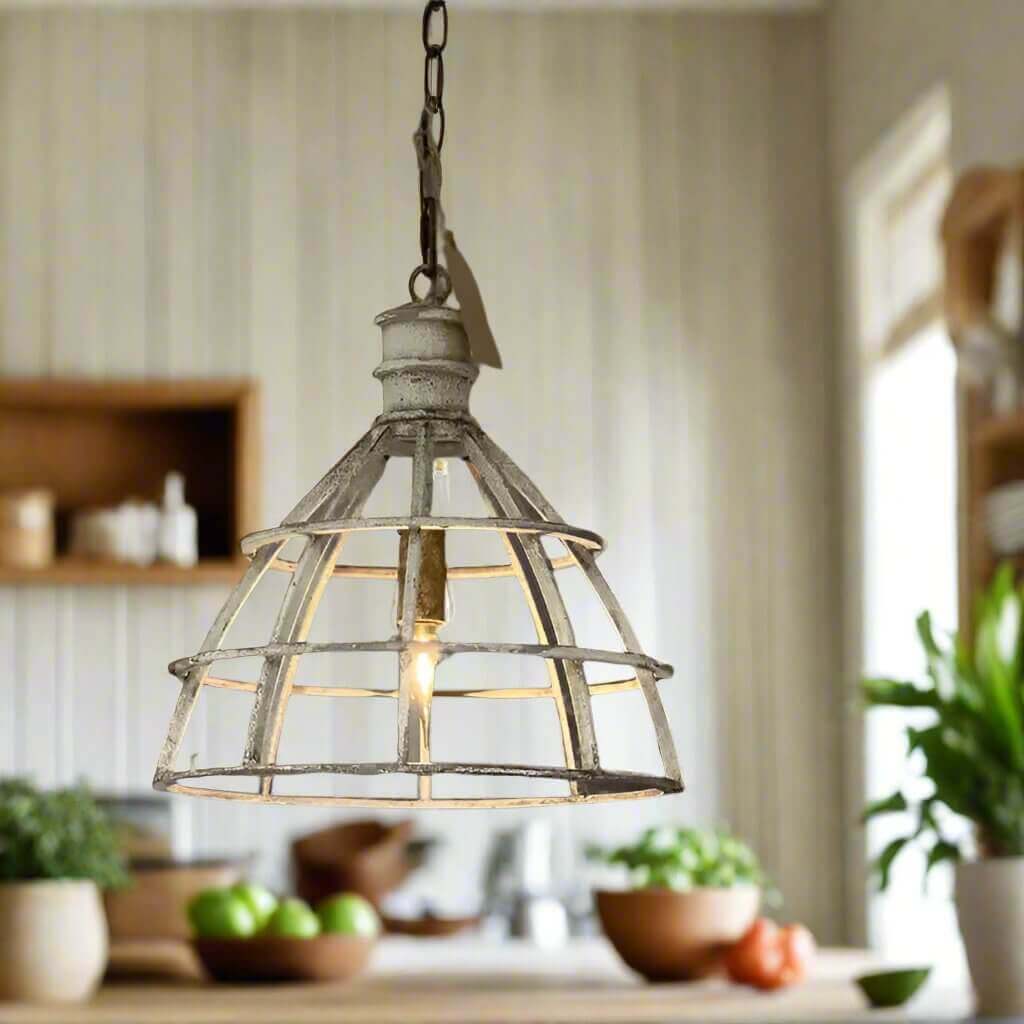 Vintage White Metal Cage Pendant Light