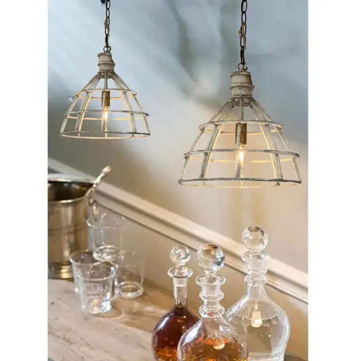 Vintage White Metal Cage Pendant Light