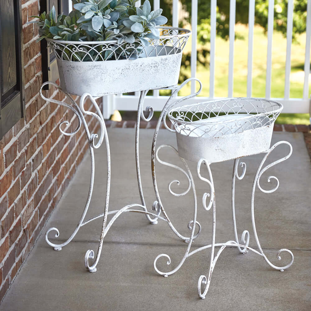 Vintage White Metal Planters with Scrolled Stands (Set of 2)