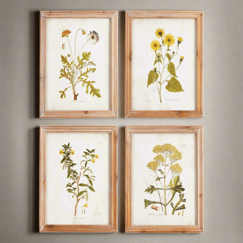 Vintage Wildflower Botanical Prints Set in Rustic Wood Frames (Set of 4)