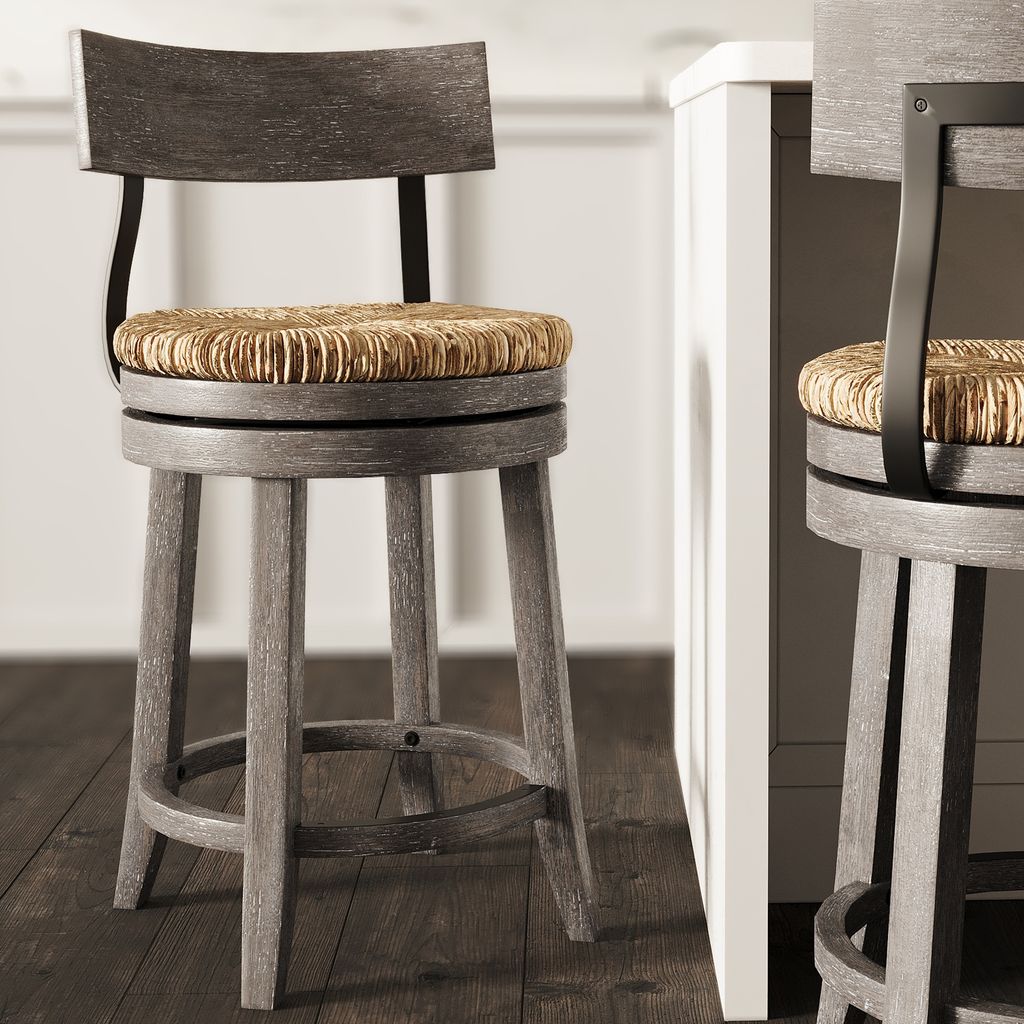 Eden Stool with Seagrass Seat in Gray, featuring solid wood construction and metal backrest support.