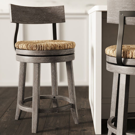 Eden Stool with Seagrass Seat in Gray, featuring solid wood construction and metal backrest support.