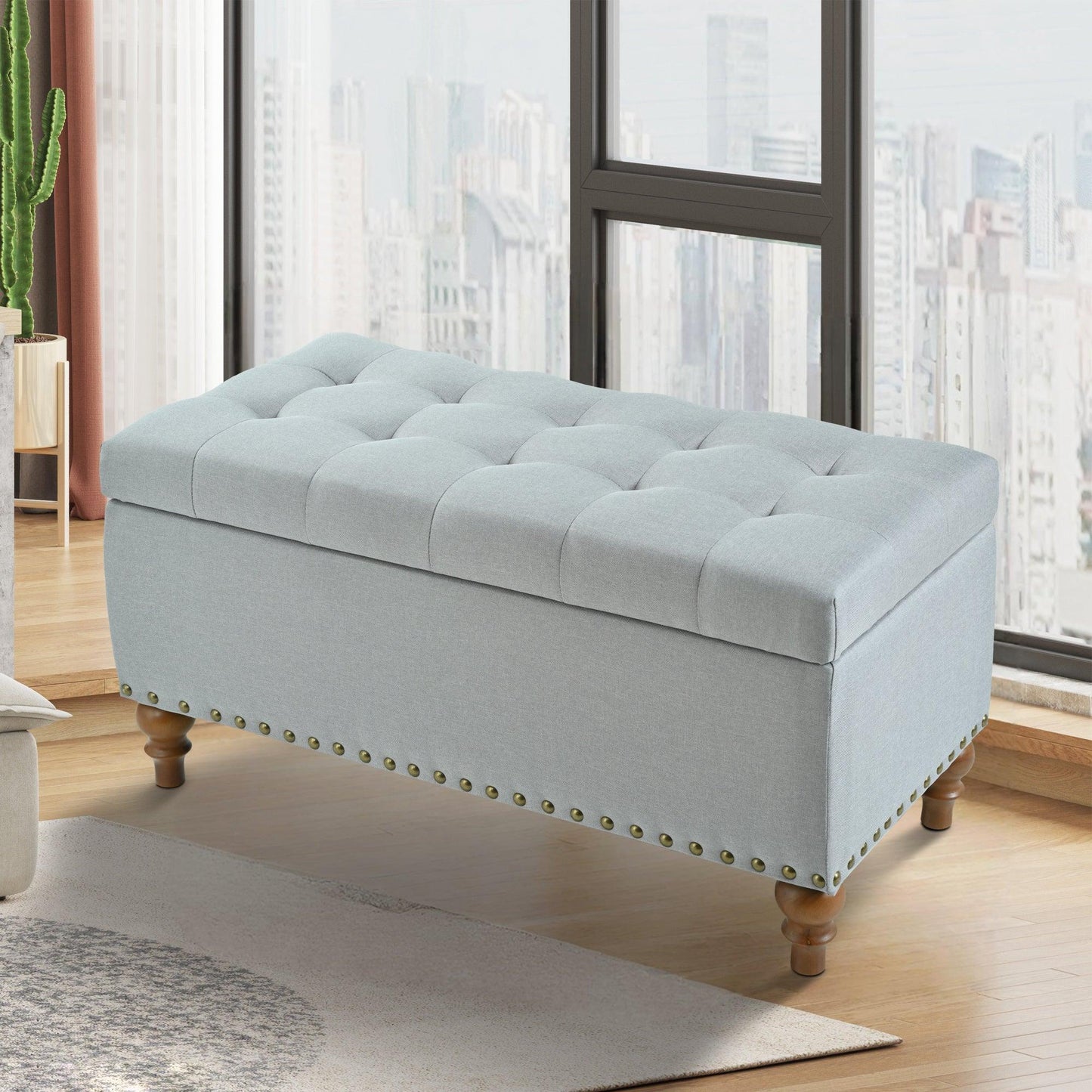 36" Ottoman Storage Bench with Recessed Support Hinge Top for Easy Opening,  Rivet Trim Around, Linen