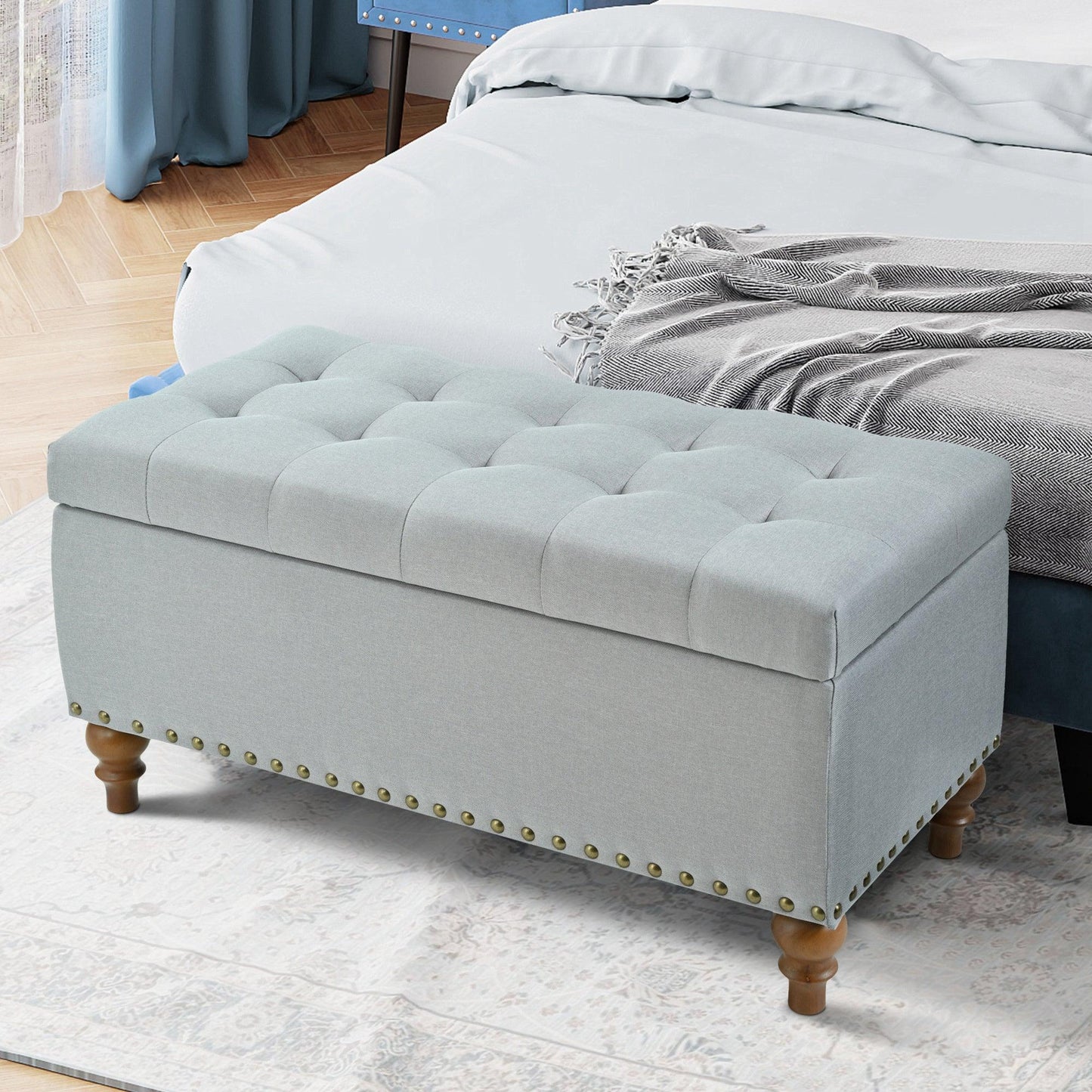 36" Ottoman Storage Bench with Recessed Support Hinge Top for Easy Opening,  Rivet Trim Around, Linen