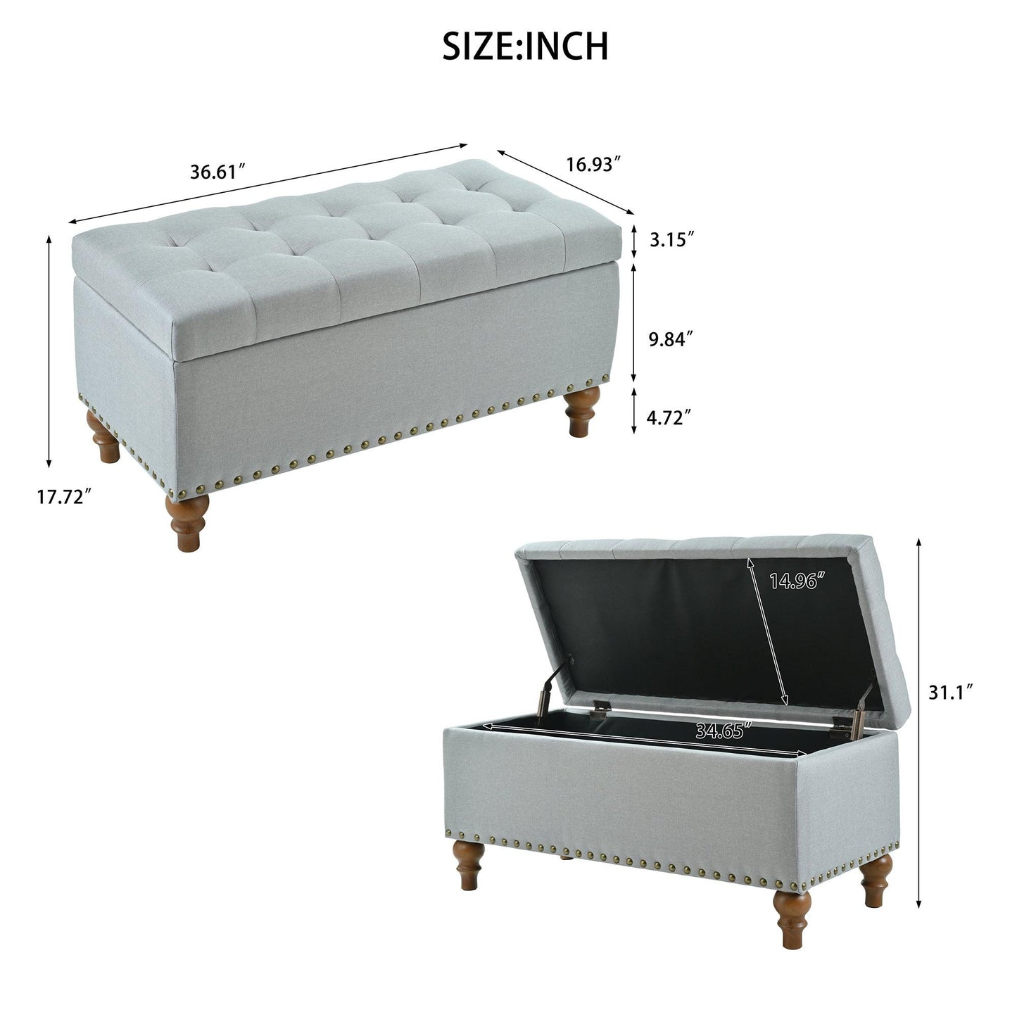 36" Ottoman Storage Bench with Recessed Support Hinge Top for Easy Opening,  Rivet Trim Around, Linen
