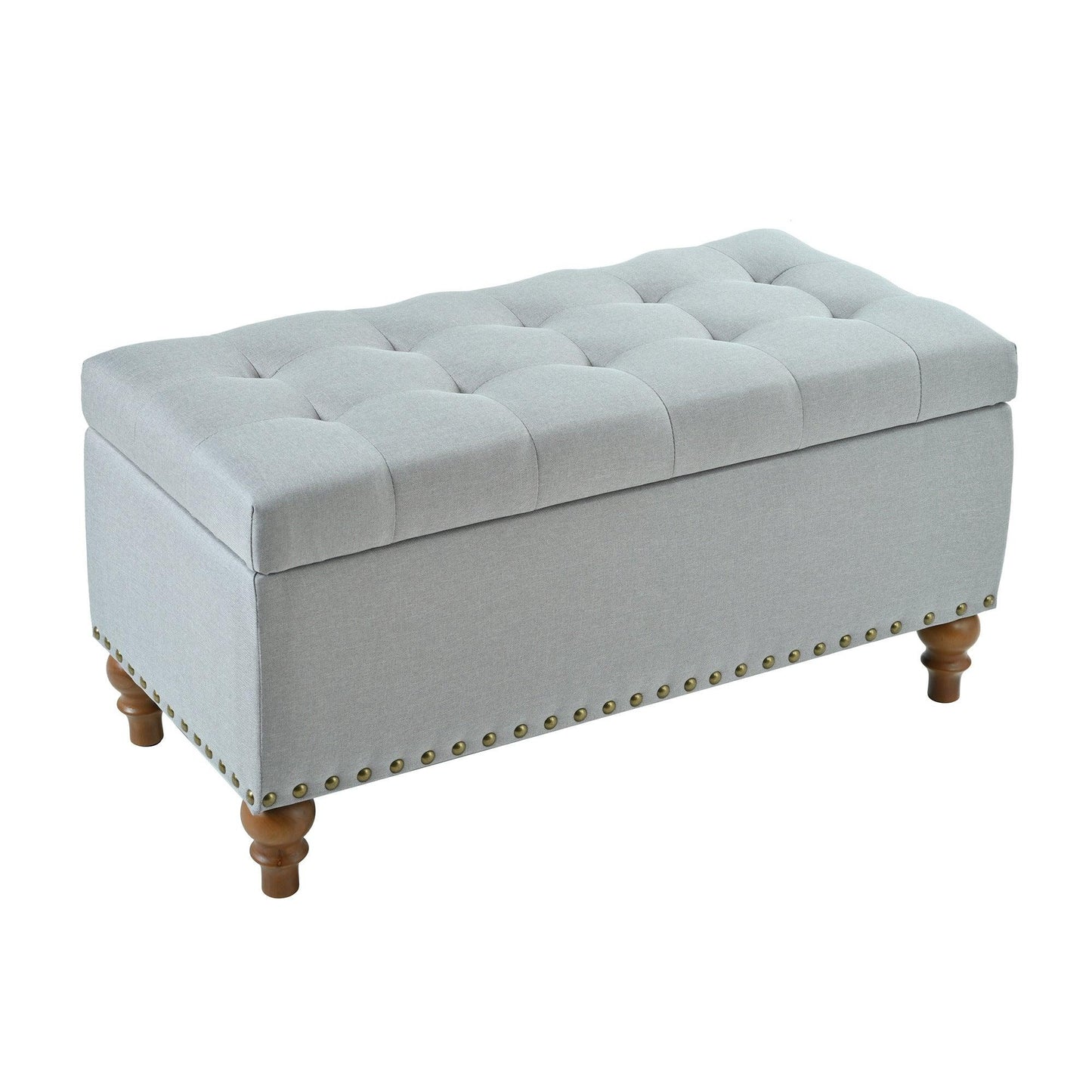 36" Ottoman Storage Bench with Recessed Support Hinge Top for Easy Opening,  Rivet Trim Around, Linen