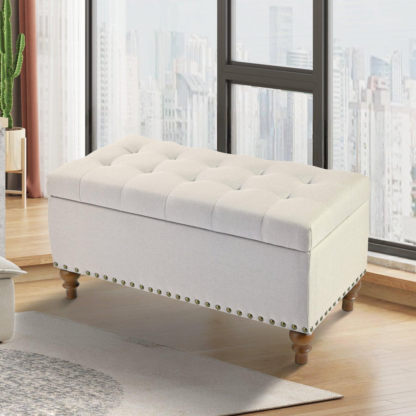 36" Ottoman Storage Bench with Recessed Support Hinge Top for Easy Opening,  Rivet Trim Around, Linen