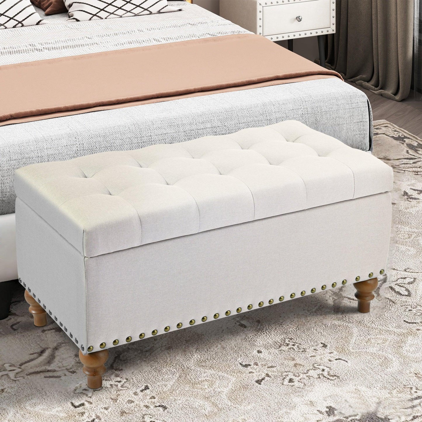 36" Ottoman Storage Bench with Recessed Support Hinge Top for Easy Opening,  Rivet Trim Around, Linen