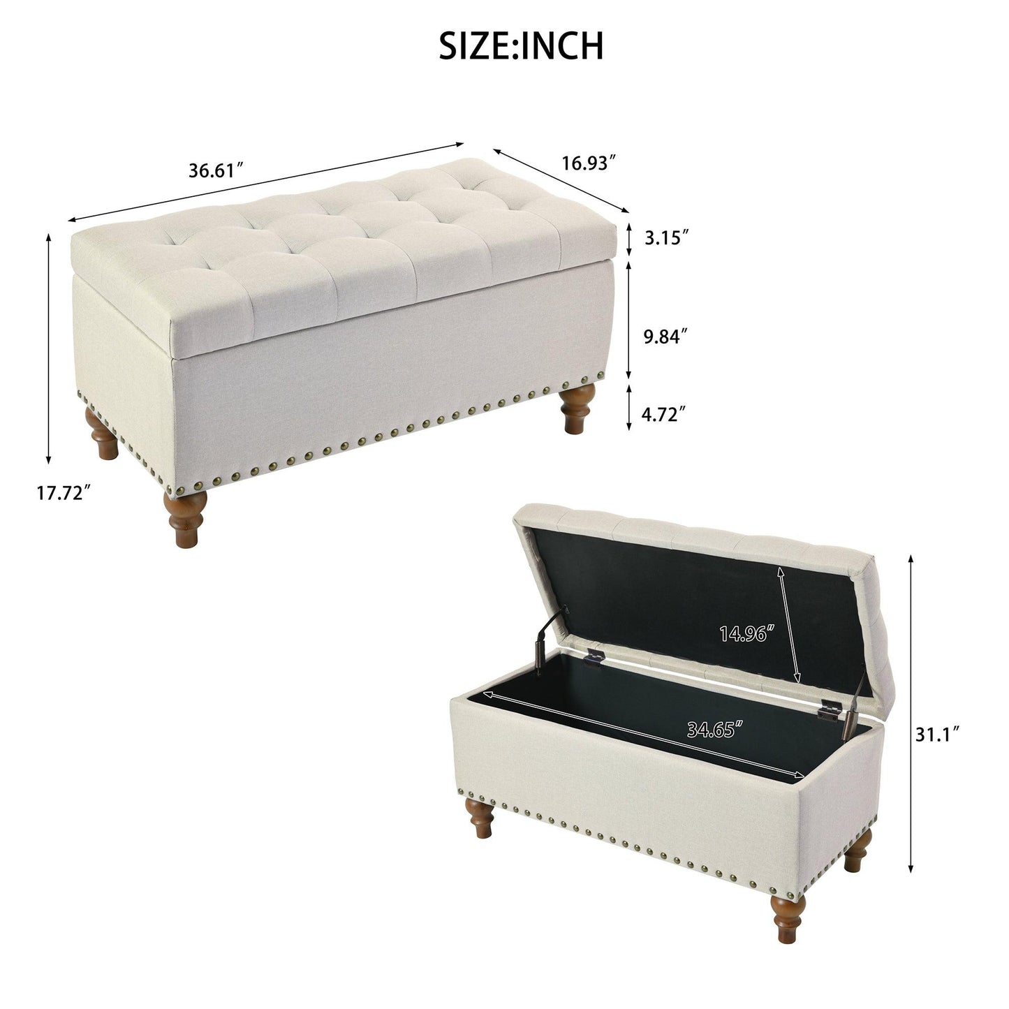 36" Ottoman Storage Bench with Recessed Support Hinge Top for Easy Opening,  Rivet Trim Around, Linen
