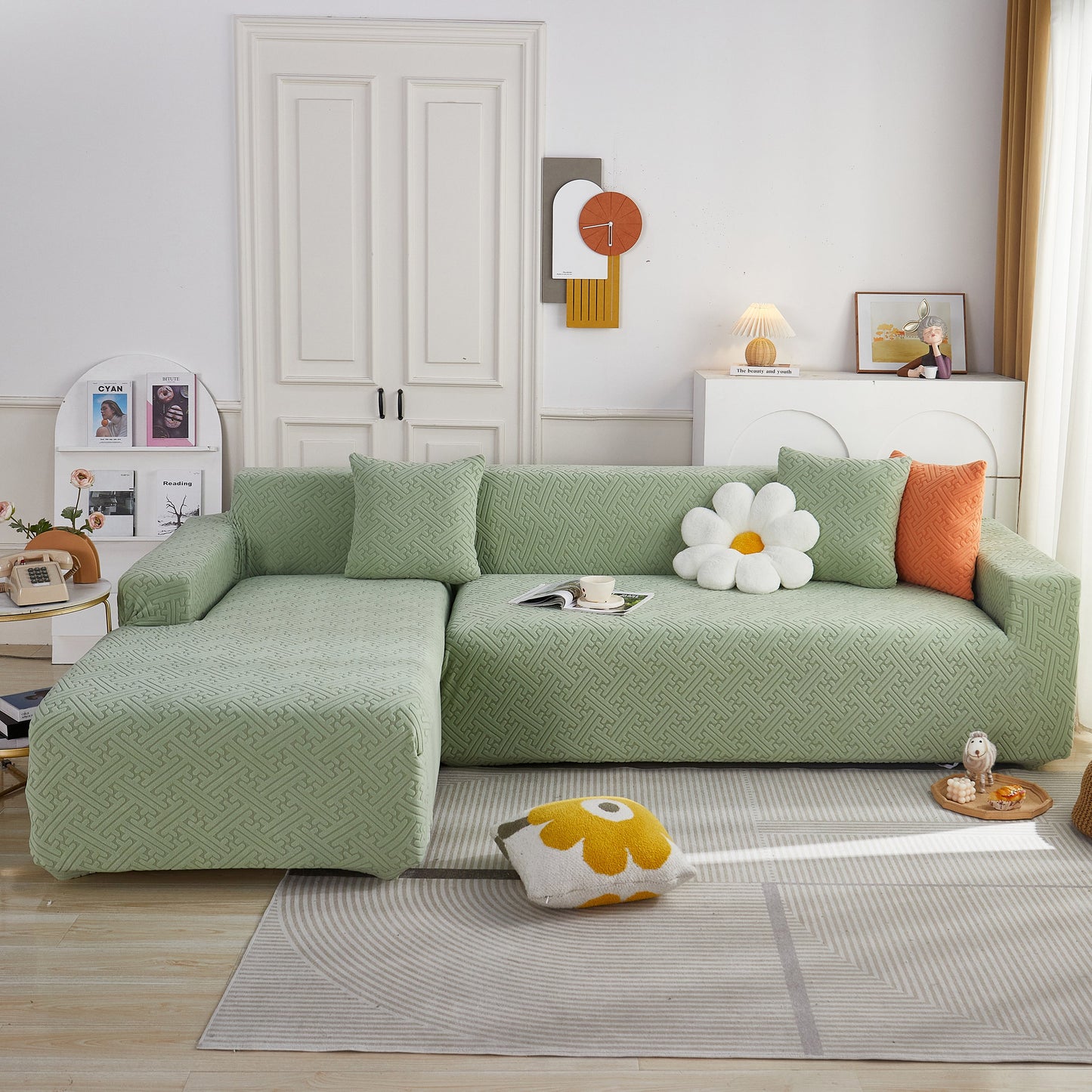 L Shape Sectional Sofa Cover Soft Stretch Furniture Protector Couch Slipcover with 1pcs Free Pillowcases