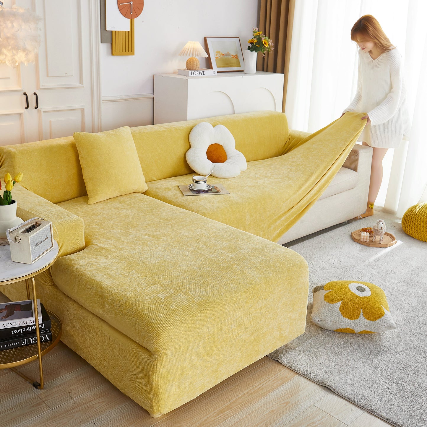 L Shape Couch Cover Stretch Soft Sectional Sofa Cover Furniture Protector Slipcover for Couch with 1pcs Free Pillowcases