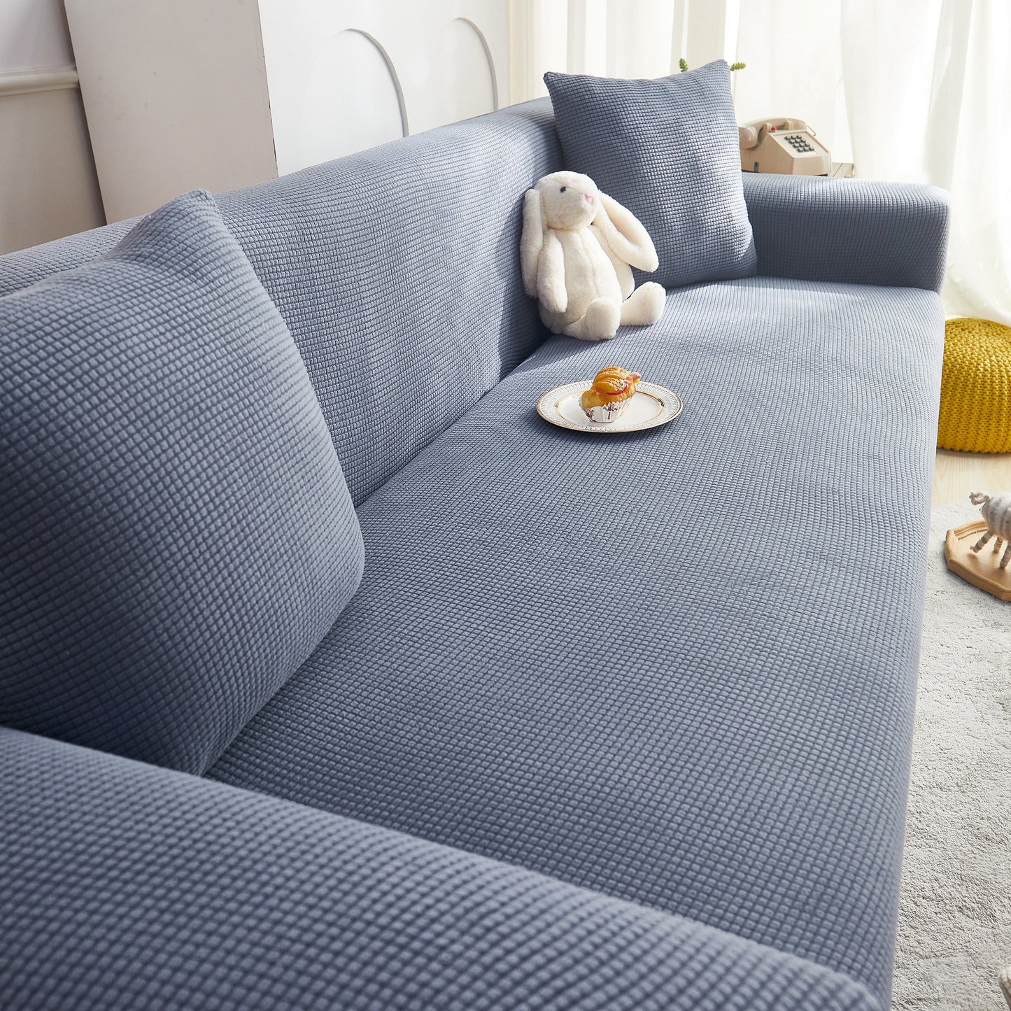 Grid Textured Stretch Sofa Cover, Soft Elastic Slipcover for Couch Protection